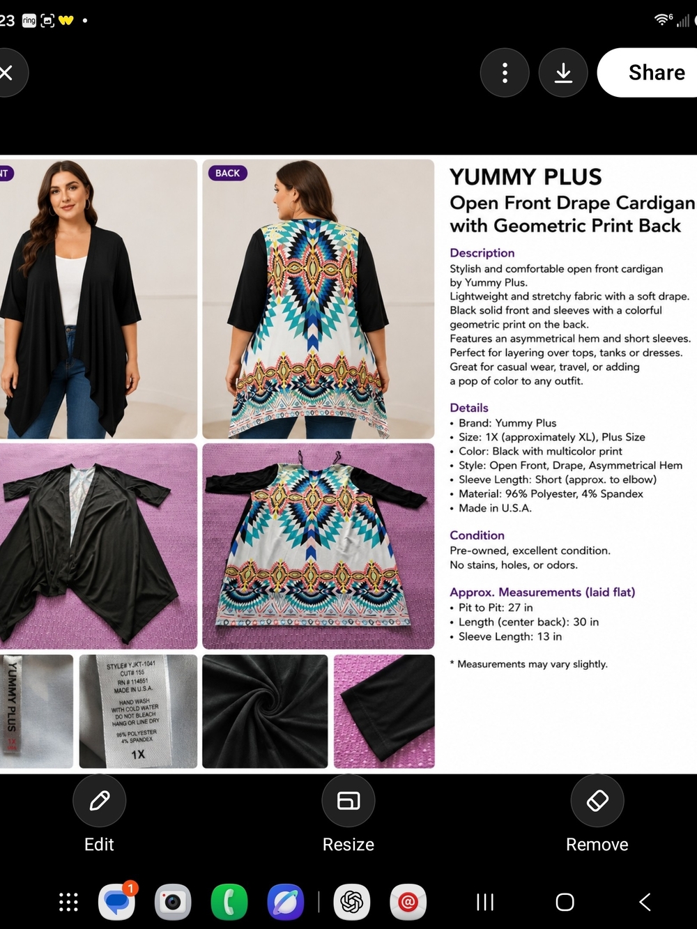 Yummy Plus Black Open-Front Drape Cardigan with Multicolor Geometric Back